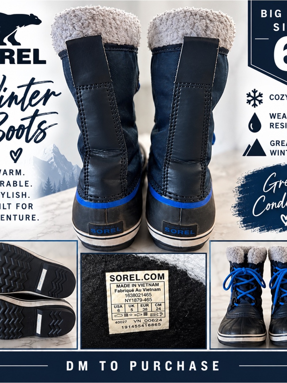 Sorel Kids Black and Blue Winter Pull-On Boots with Faux Fur Cuff